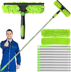 3 in 1 Window Washing Kit with 10 Extension Pole 2 Microfiber Cloth Brush and Squeegee Telescopic Window Cleaner Tool