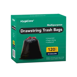 30 Gallon Drawstring Trash Bags Black Strong Garbage Bags Easy to Use Large Capacity for Home Kitchen Office Waste Disposal