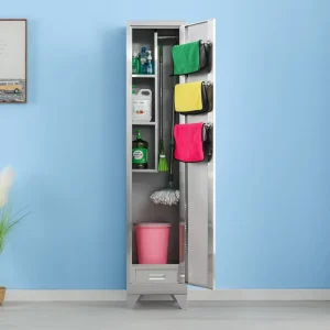 304 Stainless Steel Cleaning Tool Storage Cabinet with 4 Legs Janitor Cleaner Cupboard Broom Closet for Restaurant School Hospital