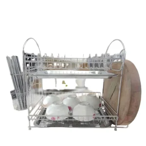 304 Stainless Steel Double Tier Standing Type Dish Rack with Cleaning Tools for Kitchen Dish Storage