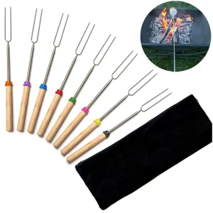 32 Inch Wooden Handle Telescoping Smores Fire Pit Marshmallow Roasting Sticks BBQ Forks