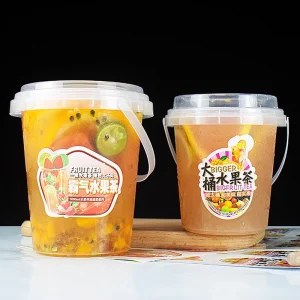 32 OZ Custom Logo Plastic Drink Boba Barrel Takeaway Disposable Fruits Container PP Clear Bucket Cups With Lid Handle