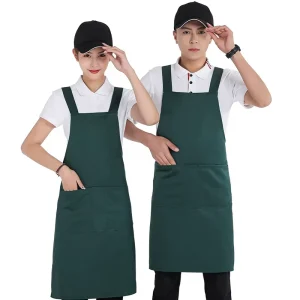 340g Custom Woven Polyester Cotton Poplin Unisex Cross Back Apron with Large Pocket for Restaurant Hotel Use