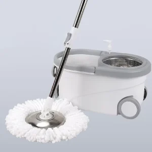 360 Degree Spin Mop and Bucket Set with Big Wheels Stainless Steel Wringer Basket and Plate Microfiber Cleaning System