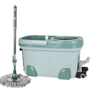 360 Rotary Floor Cleaner Machine Microfiber Head Pole Metal Basket Magic Flat Revolving Mop Bucket