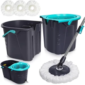 360 Spin Microfiber Mop Set with Steel Pole Cleaning Bucket with Twist Handle Rectangle Shape Head for Home Use
