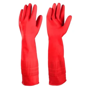 38cm Elbow-Length Unlined Rubber Cleaning Gloves Comfortable Waterproof Household Gloves in Red for Kitchen Use