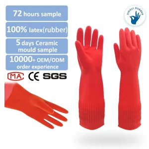 38cm Red Flocked Household Latex Gloves Medium Waterproof Reusable Kitchen Cleaning Gloves Comfortable Soft Durable Rubber