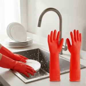 38cm Red Rubber Gloves Anti Slip Grip Durable Thick Dishwashing Household Gloves for Home Kitchen Cleaning
