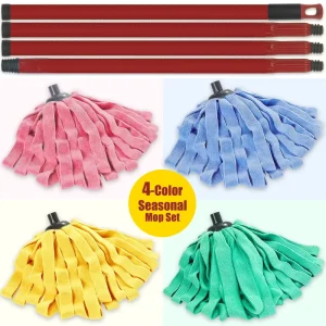 4 Colors Color Coded Microfiber Mop Set 1.57m Long Pole 4 Washable Refills Hands Free Home Floor Cleaning Super Absorbent