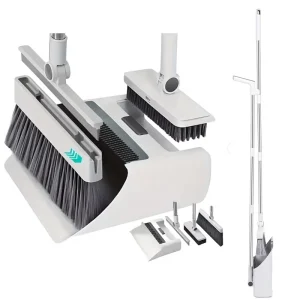 4 in 1 Broom and Dustpan Combo Set with Long Plastic Handle Stainless Steel White Gray 25 34in for Outdoor Indoor Use