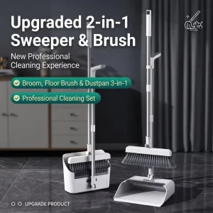 4 in 1 Multifunctional Broom and Dustpan Set with Built in Squeegee 180° Rotating Head Self Cleaning Comb Teeth Upright Set