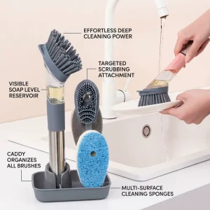 4 in 1 Soap Dispensing Dish Brush Set Stainless Steel Long Handle Replaceable Kitchen Scrub Brush with Storage Caddy
