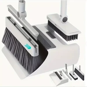 4 in 1 Steel Handle Plastic Foldable Broom & Dustpan Combo Set with PP Broom Head Soft Plastic Bristles for Indoor Use
