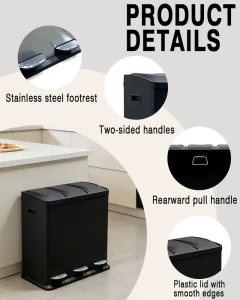 45L Large Capacity 3 Compartment Classified Stainless Steel Trash Can Pedal Waste Bin for Office Kitchen Recycling Garbage Bin