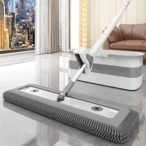 45cm Large Chenille Flat Mop Hands-Free Self-Wringing Mop 1 Mophead 90%-100% Dehydration Rate Stainless Steel Pole for Household