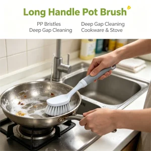 4708 3 Styles Long Handle Pot Brush PP Handle PET Stainless Steel Wire Kitchen Dish Pan Cleaning Brush for Cookware Grease Stain