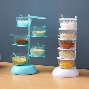 5-Layer Plastic Seasoning Jar with Spoon Rotating Condiment Storage Box