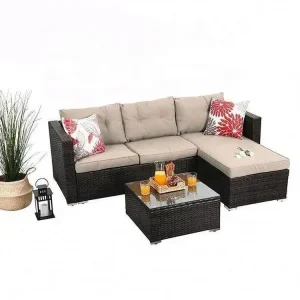 5-Piece Modern Wicker Rattan Corner Sofa Set with Steel Frame and Waterproof Cushions
