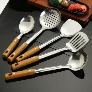 5 Piece Stainless Steel Kitchen Utensil Set with Wood Handle Spatula Ladle Spoon for Cooking & Serving