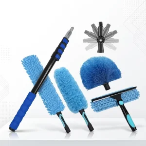 5 in 1 Long Handle Window Cleaner and Duster Set with 16 Foot Adjustable Rod Washable Cobweb Brush for House Clean