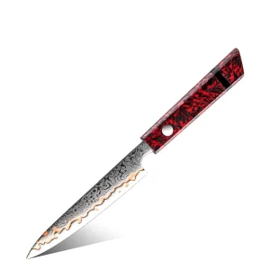 5-inch Utility Knife Damascus 55-Layer Copper Steel Japanese Kitchen Knife Red Resin Carbon Fiber Handle