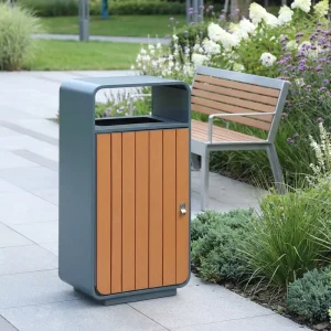 55L Outdoor Garbage Bin Recycle Bin for Public Use Park Metal Trash Bin Waste Bins Wooden Trash Can Large Capacity PS Wooden BIN