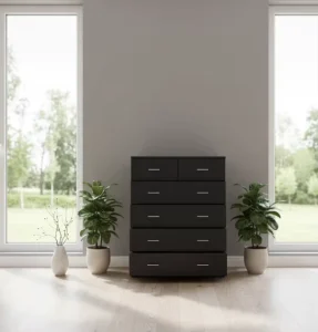 6 Drawer Chest Modern Pine Wood Furniture with Melamine Panel Black Finish Living Room Bedroom Hotel Apartment Use