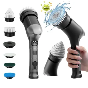 6 in 1 Black Gray Short Handle Electric Cleaning Brush Spin Scrubber LCD Battery Display 3H Fast Charge 100Min Runtime 3 Speed