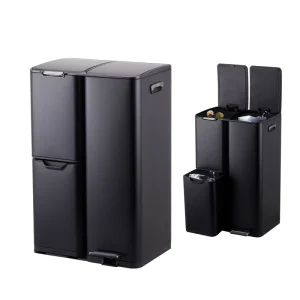 60L Hand Press Stainless Steel Black 2 Layers With 3 Compartment Garbage Can Trash Can Kitchen Waste Bin Dustbin
