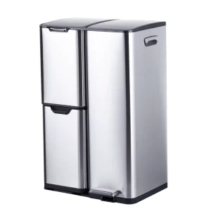 60L Triple Compartment Stainless Steel Recycling Bin Kitchen Trash Bin Recycle Bin with Pedal Press Button on Top