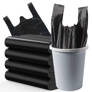 65-Gallon T-Shirt Bag Large Disposable Black Plastic Trash Bag for Household Use Rubbish Roll