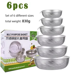 6PCS Stainless Steel Fine Mesh Colander Bowl Set Small Hole Sink Kitchen Vegetables Rice Strainer with Draining Basket Handle