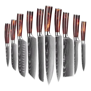 7Cr17 Stainless Steel Damascus Pattern Kitchen Knife Set with Red Resin Handle