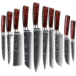 8/9/10-Piece Stainless Steel Kitchen Knife Set with Resin Handles and Damascus Pattern