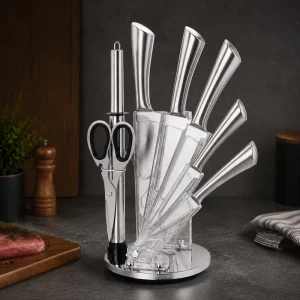 8-Piece Hollow-Handle Stainless Steel Chef Knife Set with Rotating Knife Block and Scissors