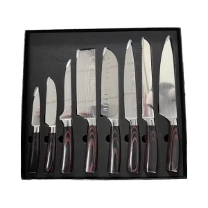 8-Piece Stainless Steel Knife Set with Damascus Pattern Blades and Wooden Handles