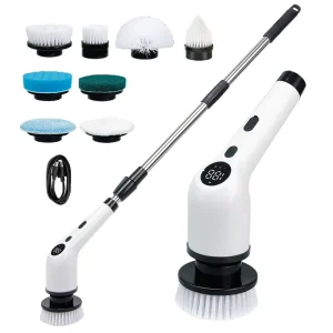 8 in 1 Multi-Purpose Electric Cleaning Brush with Long Telescopic Handle and LCD Display Electric Kitchen&Bathroom Spin Scrubber