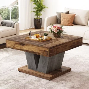 80 cm Wood Coffee Table Square Modern Rustic Brown and Black