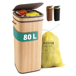 80L Big Eco friendly Bamboo Trash Bag Basket Sturdy Garbage Bin Stand Lid Modern Luxury for Kitchen Household Storage Bucket