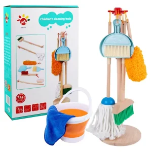9 Pcs Mini Cleaning Supplies Kit for Housekeeping Wooden Detachable Kids Cleaning Toy Set Pretend Broom and Dustpan Set with Mop