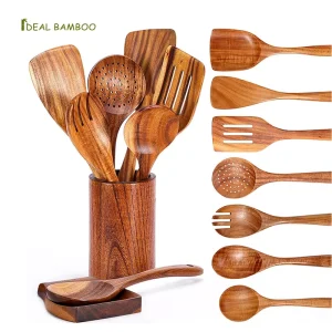 9-Piece Teak and Acacia Wood Cooking Utensil Set for Nonstick Cookware