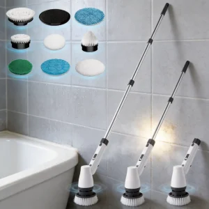 Action Electric Spin Scrubber 2 Speeds Cordless Brush with 9 Heads Adjustable Handle for Bathroom Kitchen Floor