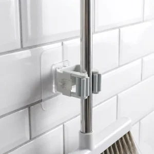 Adhesive Mop Clip Durable Polymer Damage Free Removal Invisible Look for Closet Wall Mount Smart Storage System
