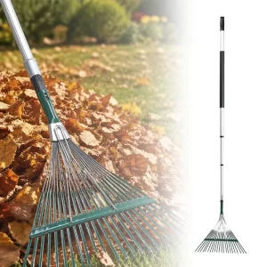 Adjustable Durable Garden Tool for Fallen Leaves Cleaning Metal Lawn Leaf Rake with Telescopic Aluminum Handle 21 Teeth