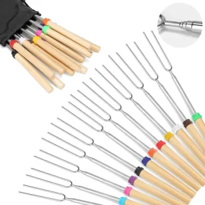 Adjustable Marshmallow Skewers Roasting Sticks BBQ Extendable Forks for Campfire Camping Stove with Wooden Handle