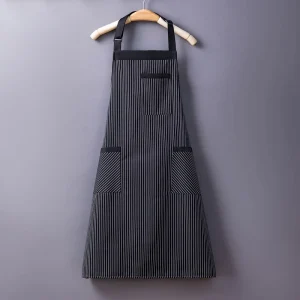 Adjustable Sleeveless Lightweight Polyester Cotton Striped Halter Apron Pockets Durable Home Kitchen Restaurant Fast Food Hotel