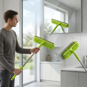 Adjustable Stainless Steel Rod Chenille Window Cleaner with Rotatable Head Rubber Squeegee