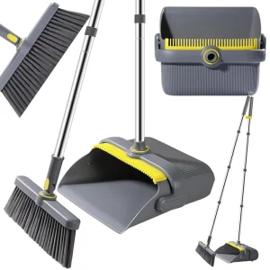 All in One Broom Dustpan Combo Space Saving Design Stand Up Dustpan with Rubber Edges for Hard Floors