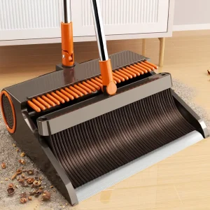 Aluminum-Edge Dustpan and Broom with Ground-Hugging Design Press-to-Remove Hair Foldable Storage